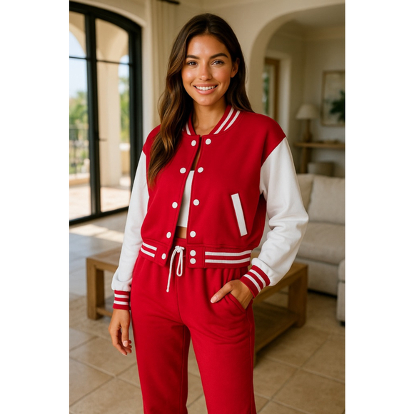 J&K Varsity Lounge Set Red White Letterman L Jogger Jacket College TikTok Sport - Picture 1 of 13